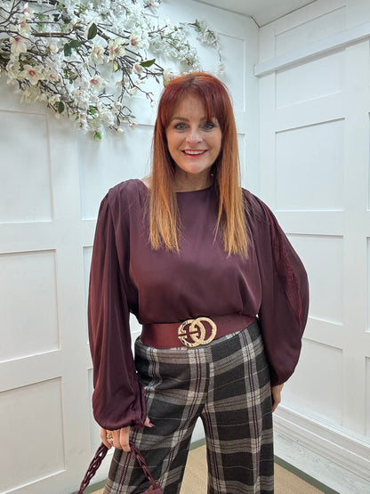 Carmella: Burgundy lace balloon sleeve blouse. One size 14-18