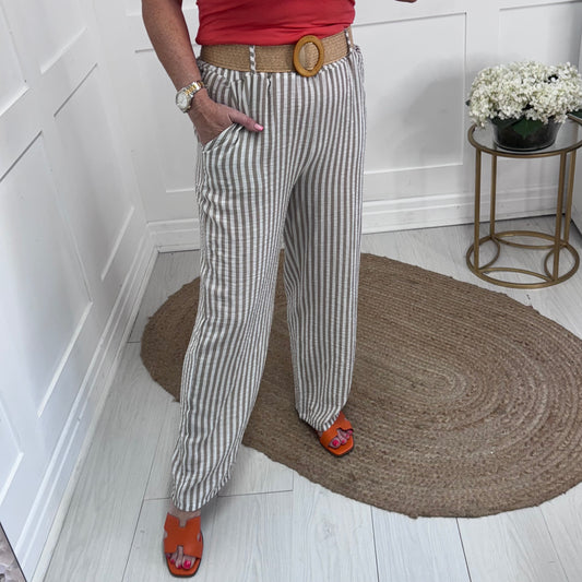 Tiff: Beige stripe wide leg belted trousers. One size: 8-14