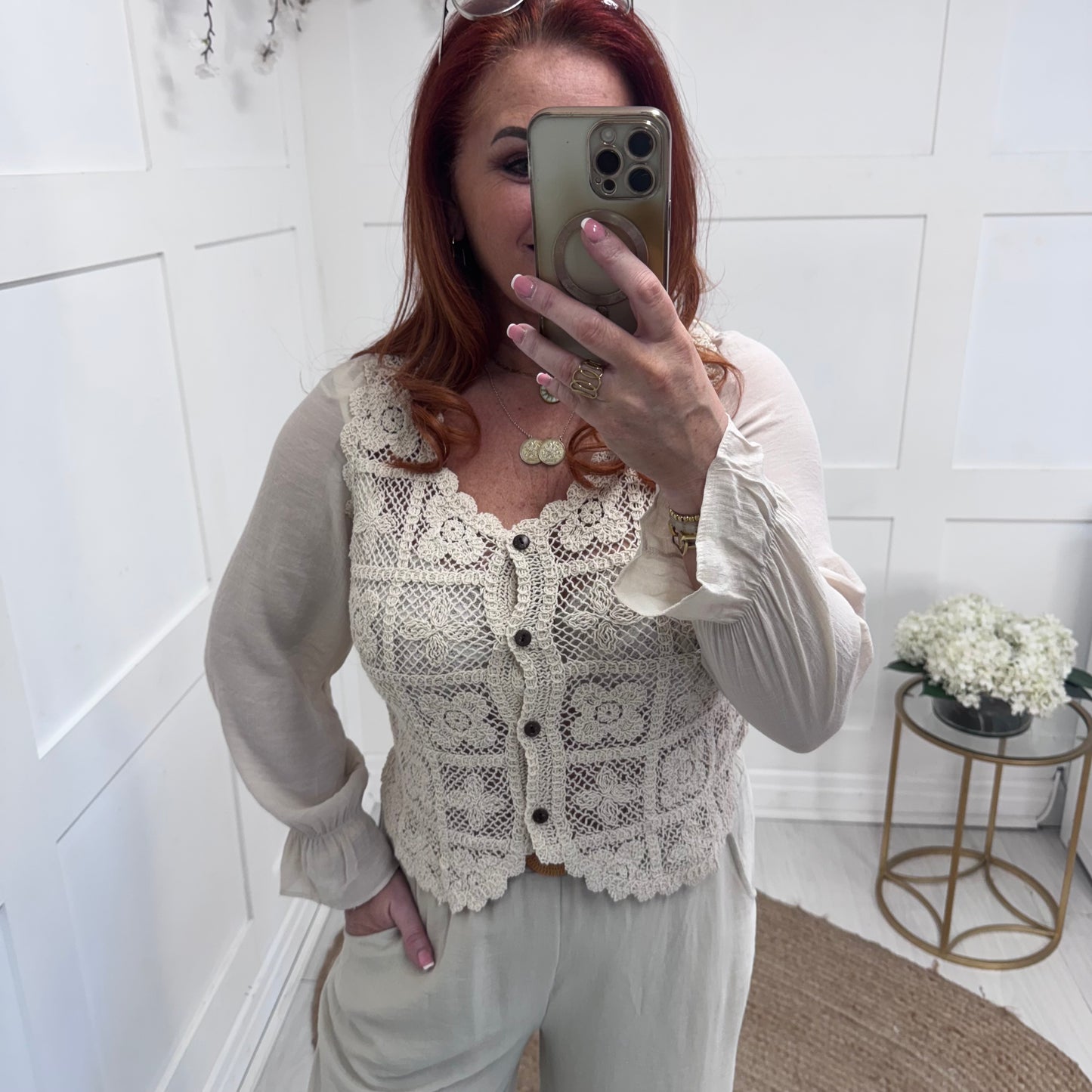 Rosalie: Cream crochet top with long sleeves: 2 sizes