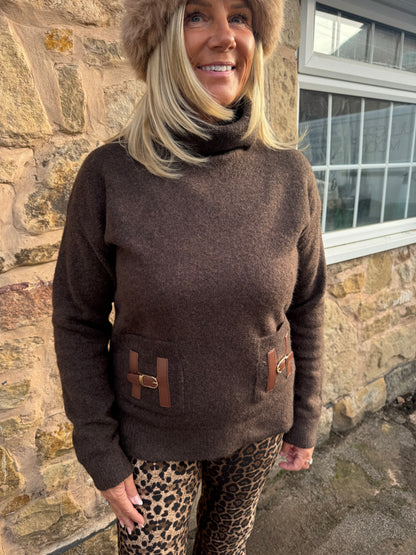 Hailey: Brown high neck H jumper. One size 10-16