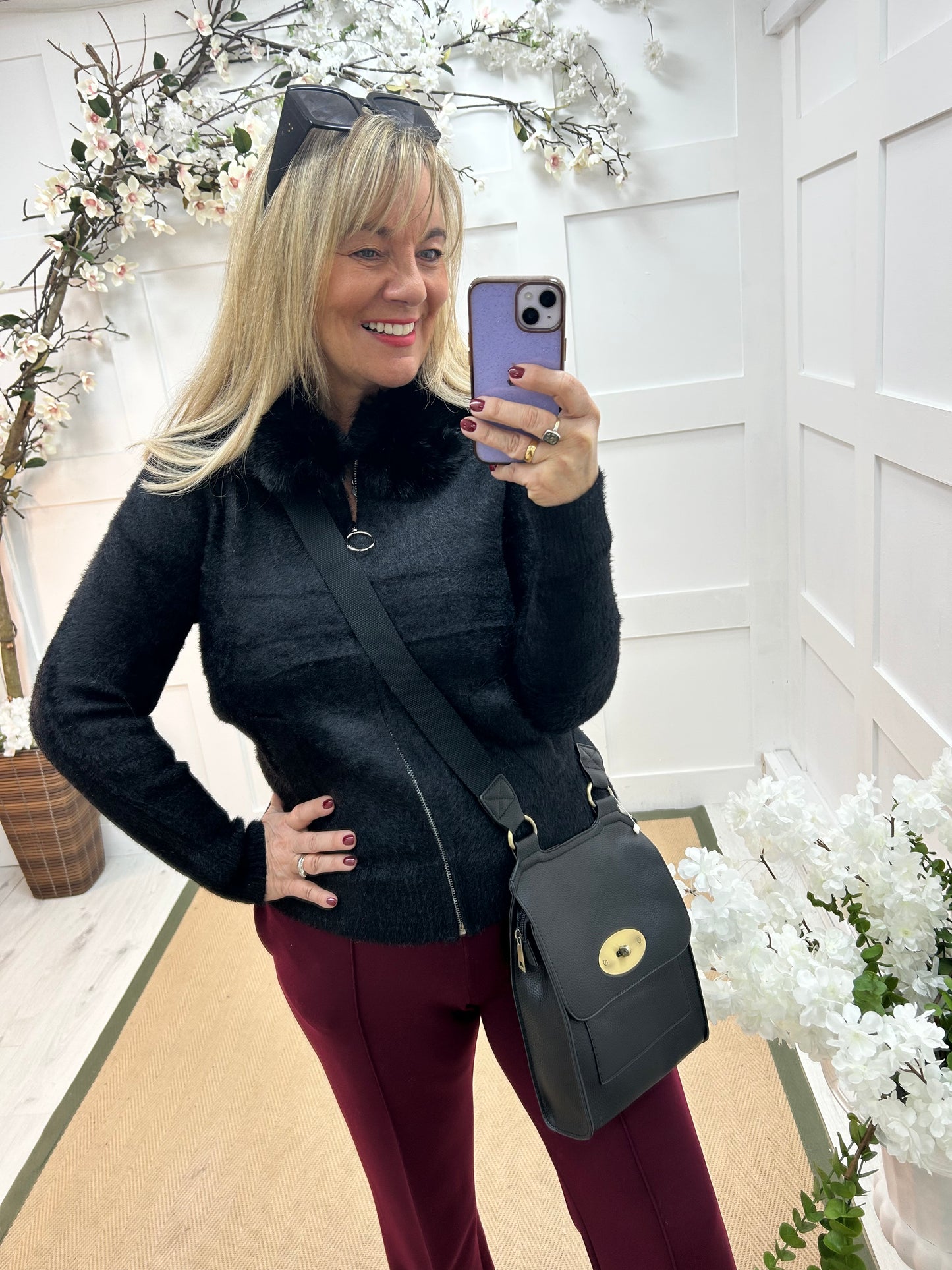 Freya: Black faux fur collared jacket . One size: 12-18