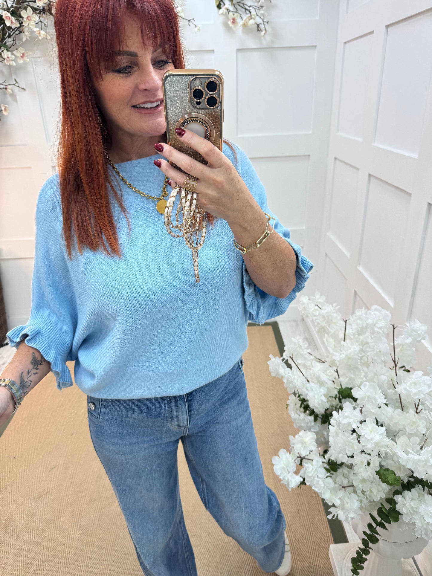 Sierra: Baby blue batwing fluted sleeve knitted top. One Size 12-18/20