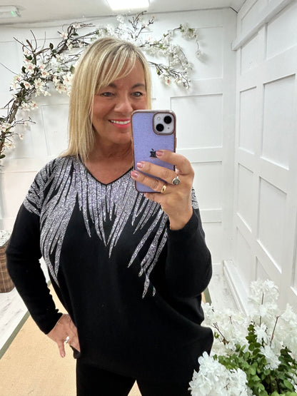 Coco: Black V neck diamanté long sleeve top. One size: 18-22