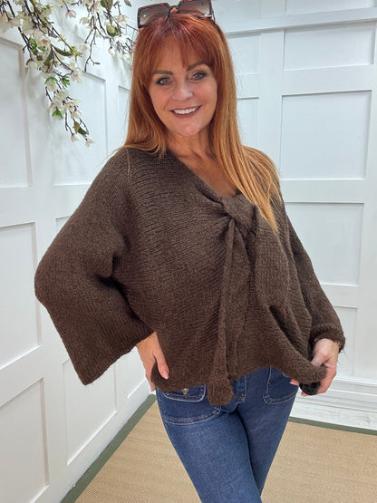 Bloom: Brown bow knitted jumper. One size: 12-18