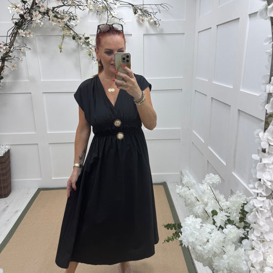Darby: Black V neck midi dress with gold sun buttons. One size: 10-16