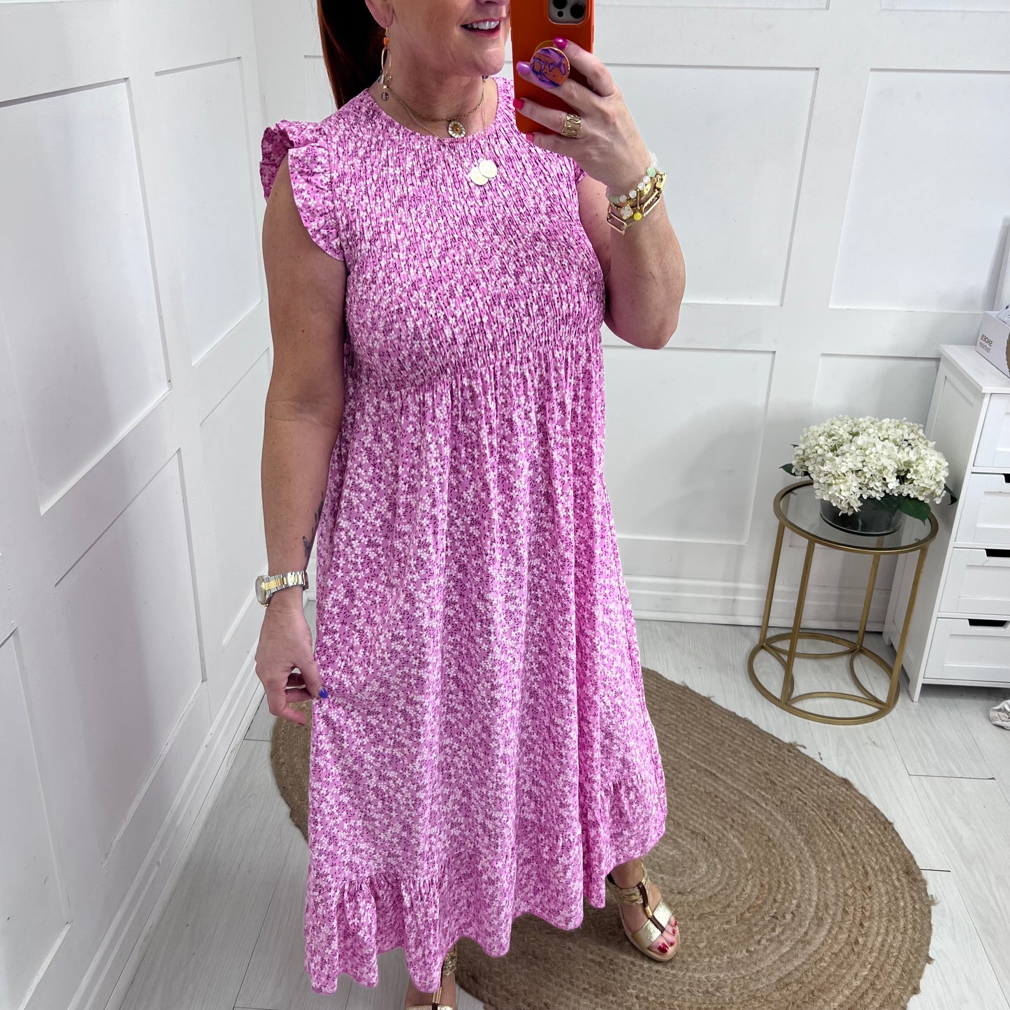 Lexi: Ditsy hot pink floral midi dress. One size 8-16/18