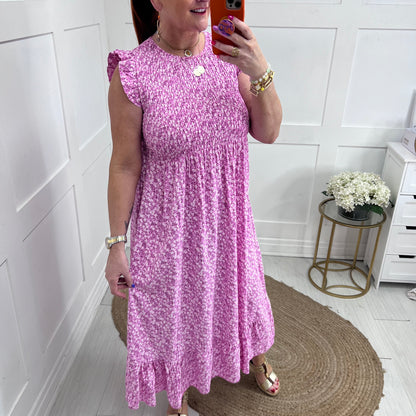 Lexi: Ditsy hot pink floral midi dress. One size 8-16/18