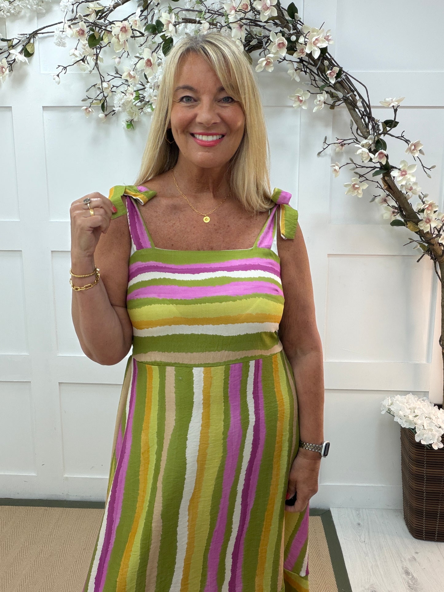 Sonia: Green striped midi dress with tie straps. One size: 10-16