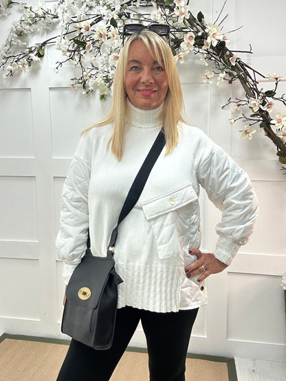 Harlo: White quilted sleeve neck top. One Sz: 12-18