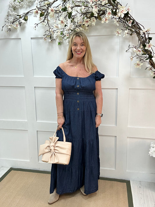 Rio: Denim cotton bardot maxi dress. One Size 10-20