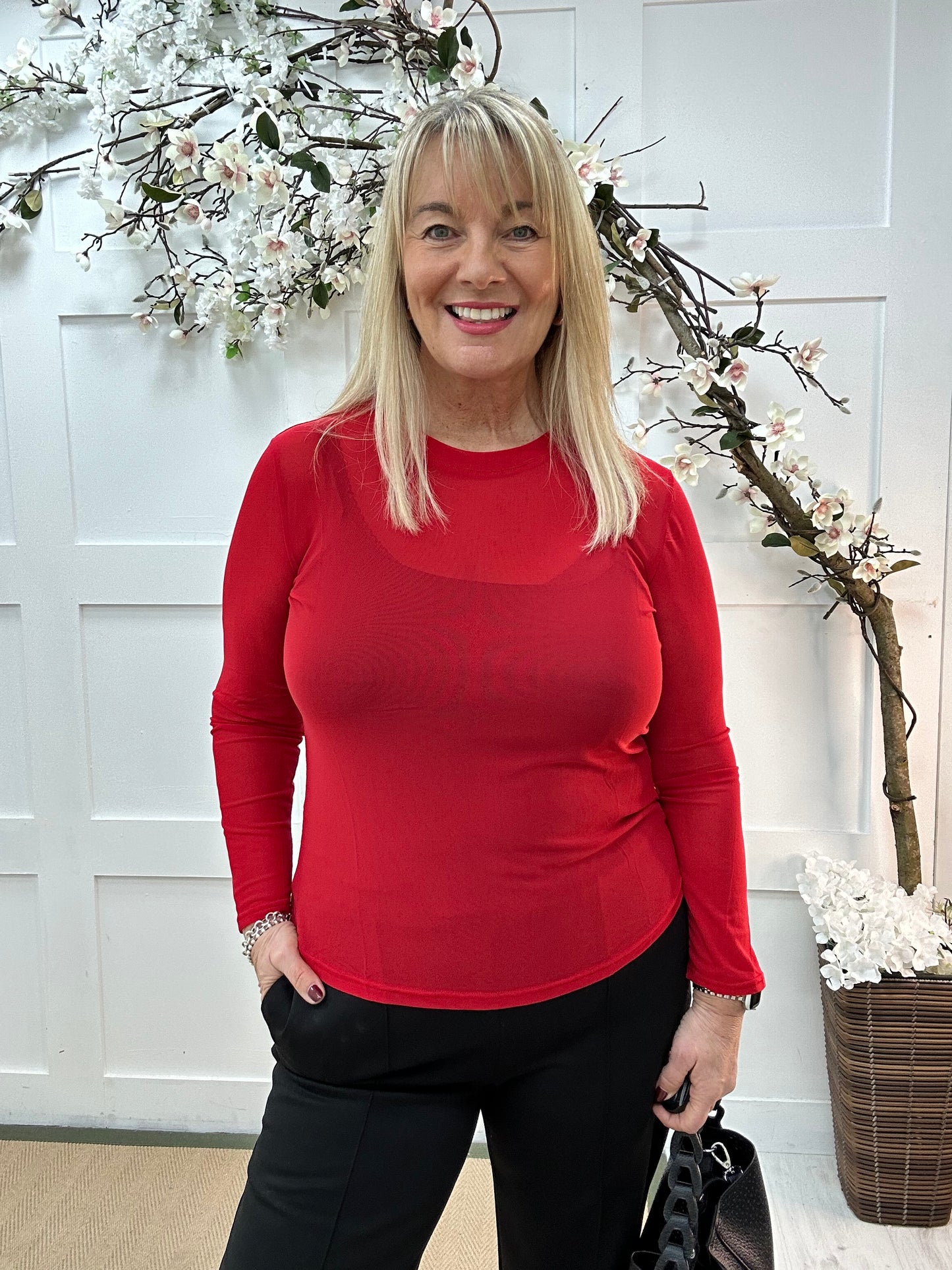 Romy: Red sheer mesh top. One Sz: 12-18