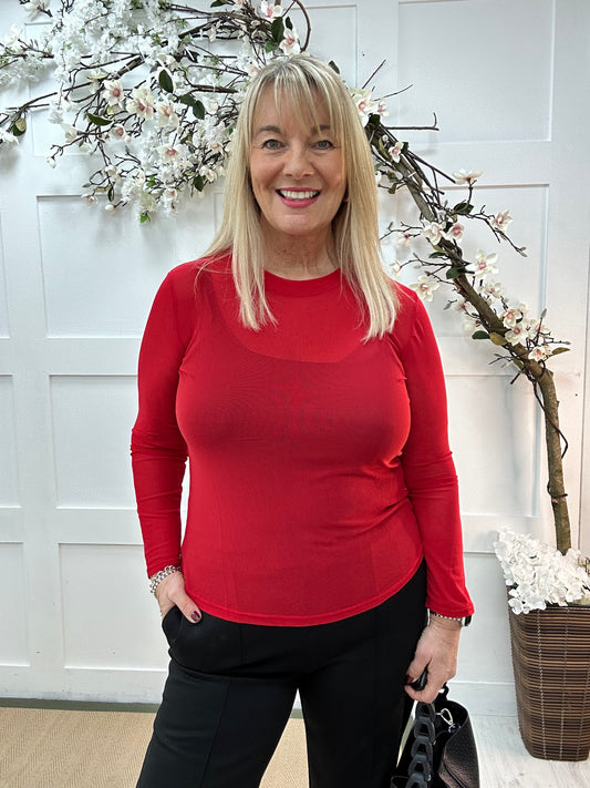 Romy: Red sheer mesh top. One Sz: 12-18