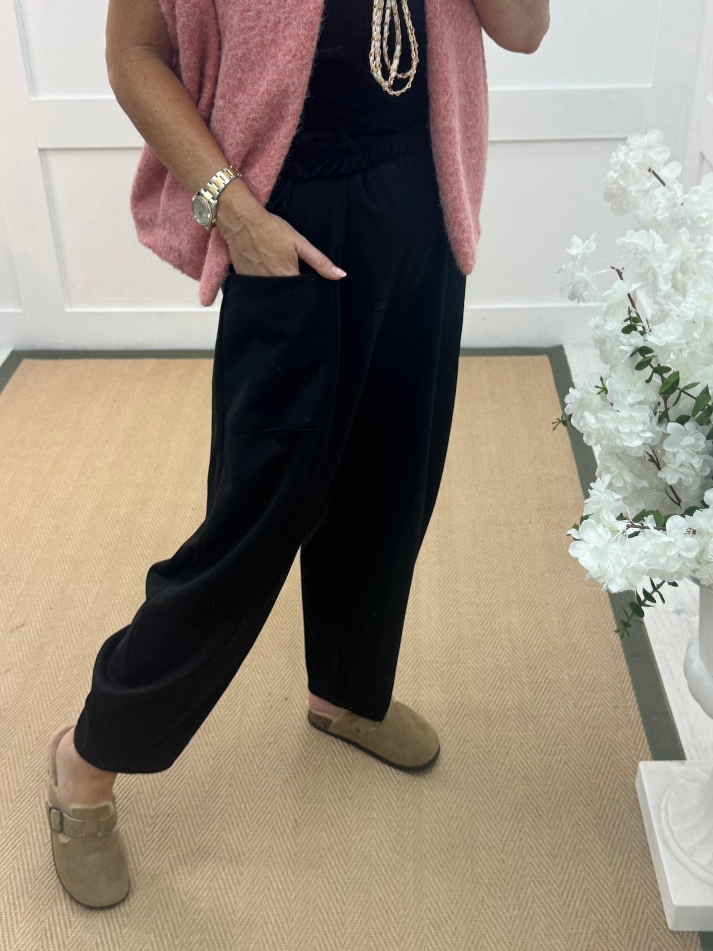 River: Black cocoon harem trousers. One Sz: 14-20