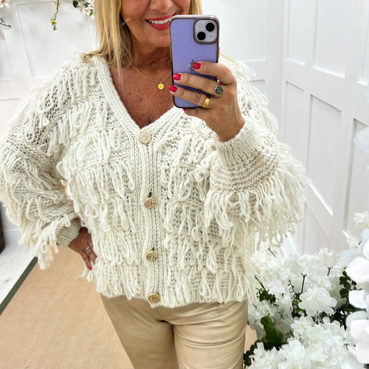 Kizzy: Cream shaggy V neck cardigan. One size: 14-20