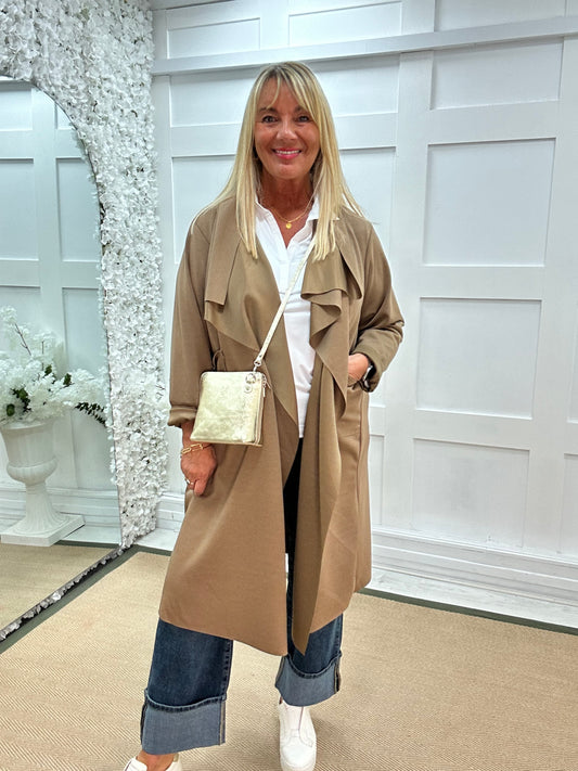 Marlowe: Sand waterfall coat with pockets. One size 14-20