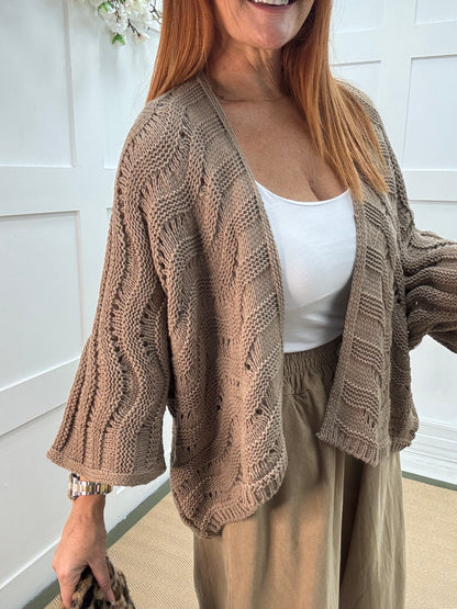 Vicky: Mocha knitted batwing cardigan. One size: 10-20