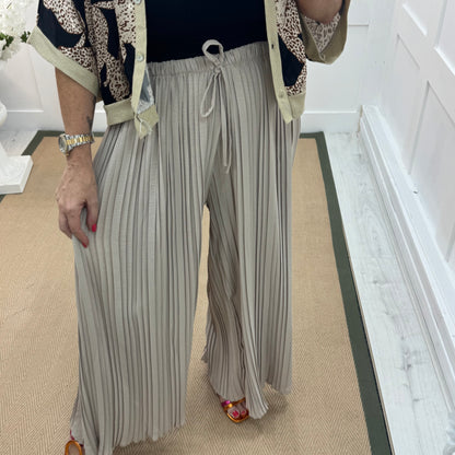 Payton: Cream pleated wide leg trousers. One size: 12-22/24