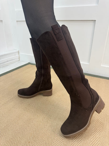 Tessa: Brown stretchy knee high boots. Sizes 3-8