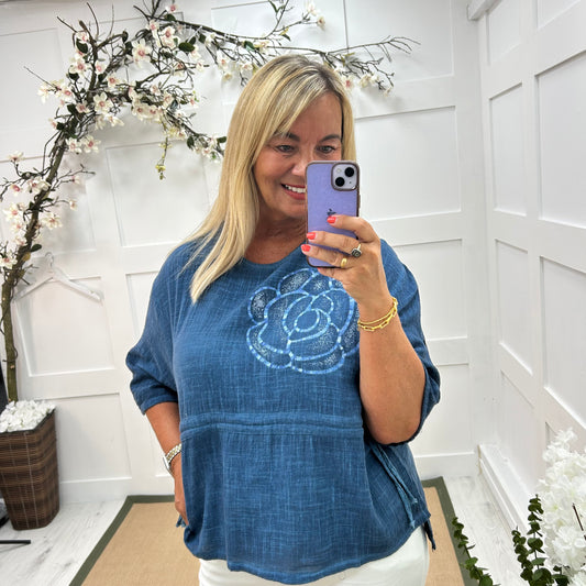 Marisol: Denim blue Made in Italy cotton flower top. Sizes: 16-20