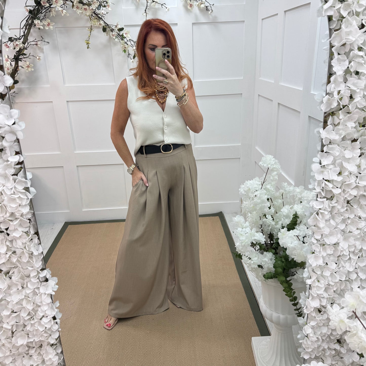 Zina: Taupe pocket wide leg trousers. One size: 8-14