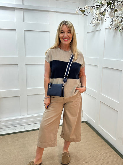 Selma: Stone & navy block stripe top. One size: 12-18