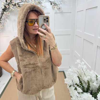 Sophie: Brown faux fur hoodie gilet. One size 12-18