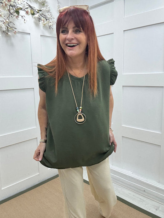 Ember: Khaki frill sleeve top & pendant. One size: 14-20