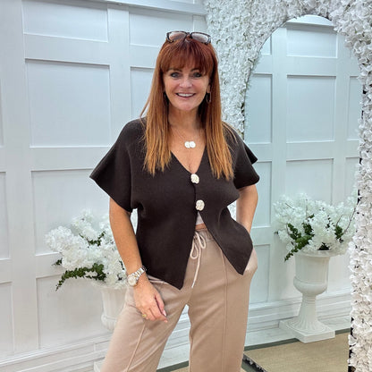 Sammi: Brown V neck gold button top. One size: 10-16