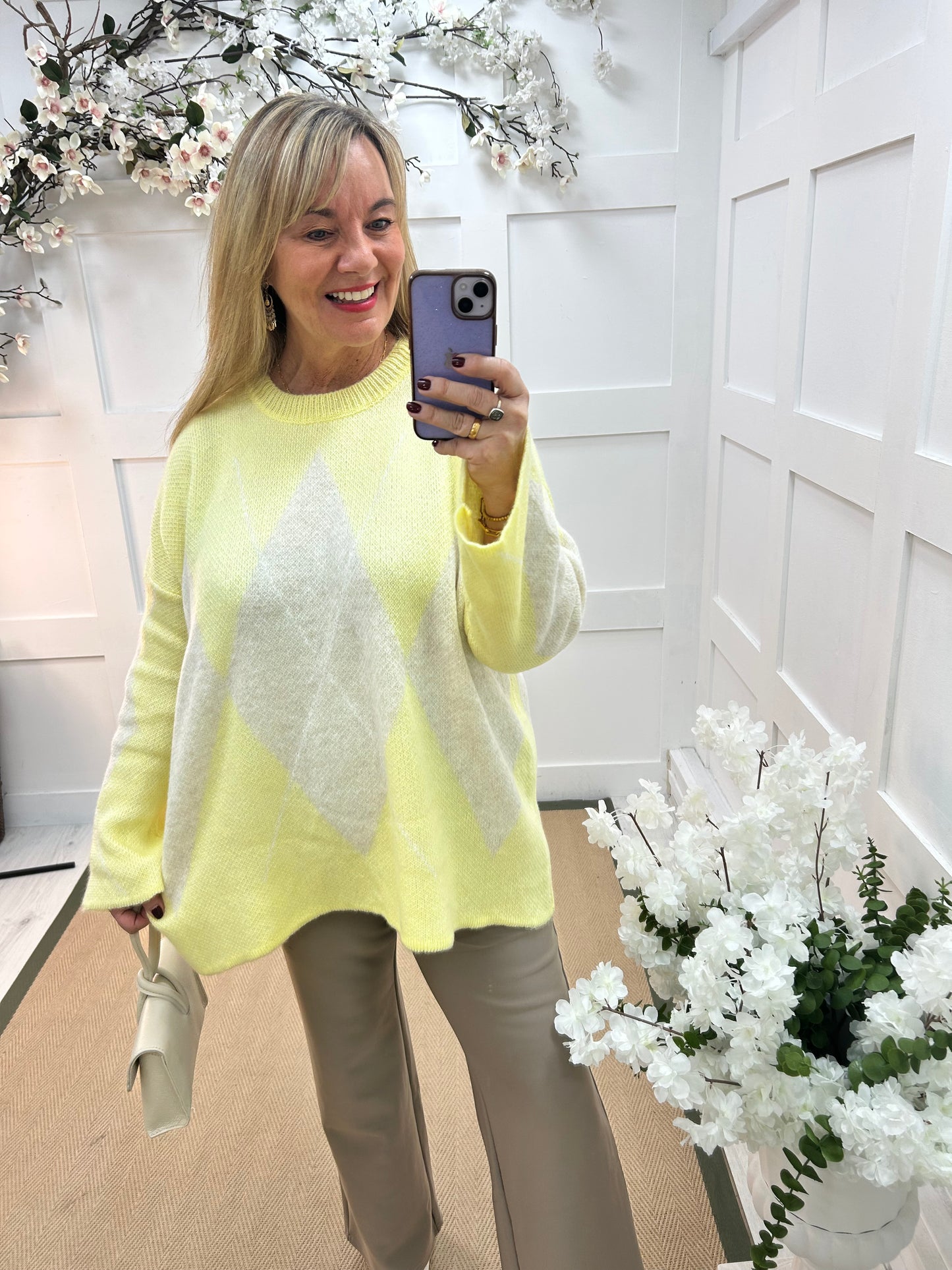 Andi: Lemon argyle knitted top. One size: 14-20