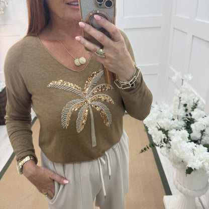 Pip: Coffee sequin palm tree top. One size: 10-16