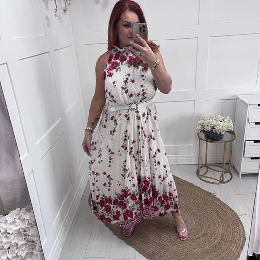 Carla: White & red floral pleated midi dress. One size 16-20/22