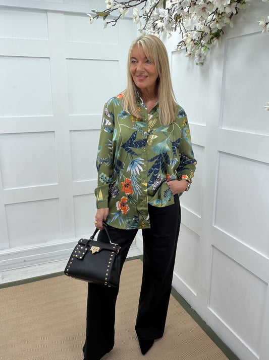Kiki: Khaki floral print shirt. Sizes: 8-18