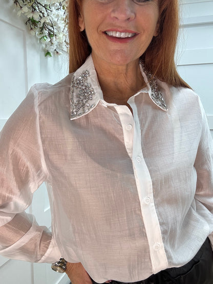 Azira: White rhinestone collar sheer shirt. One size: 10-16