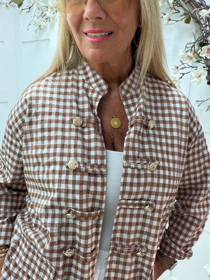 Gianna: Military style gingham check lightweight jacket. One size: 14-20