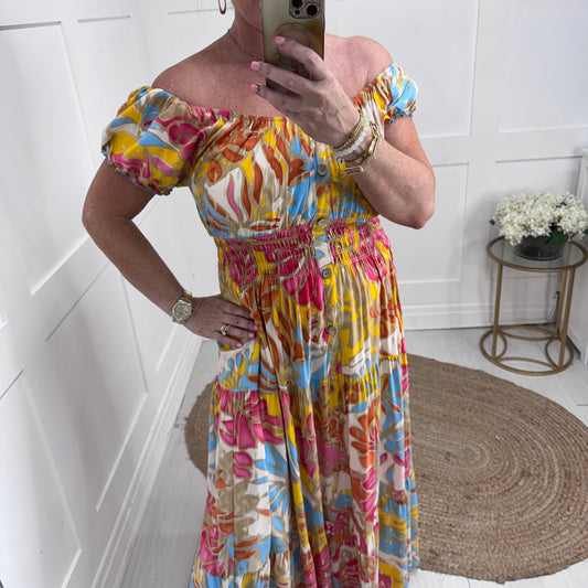 Elsa: Pink & yellow stretchy bardot maxi dress. One size: 10-20
