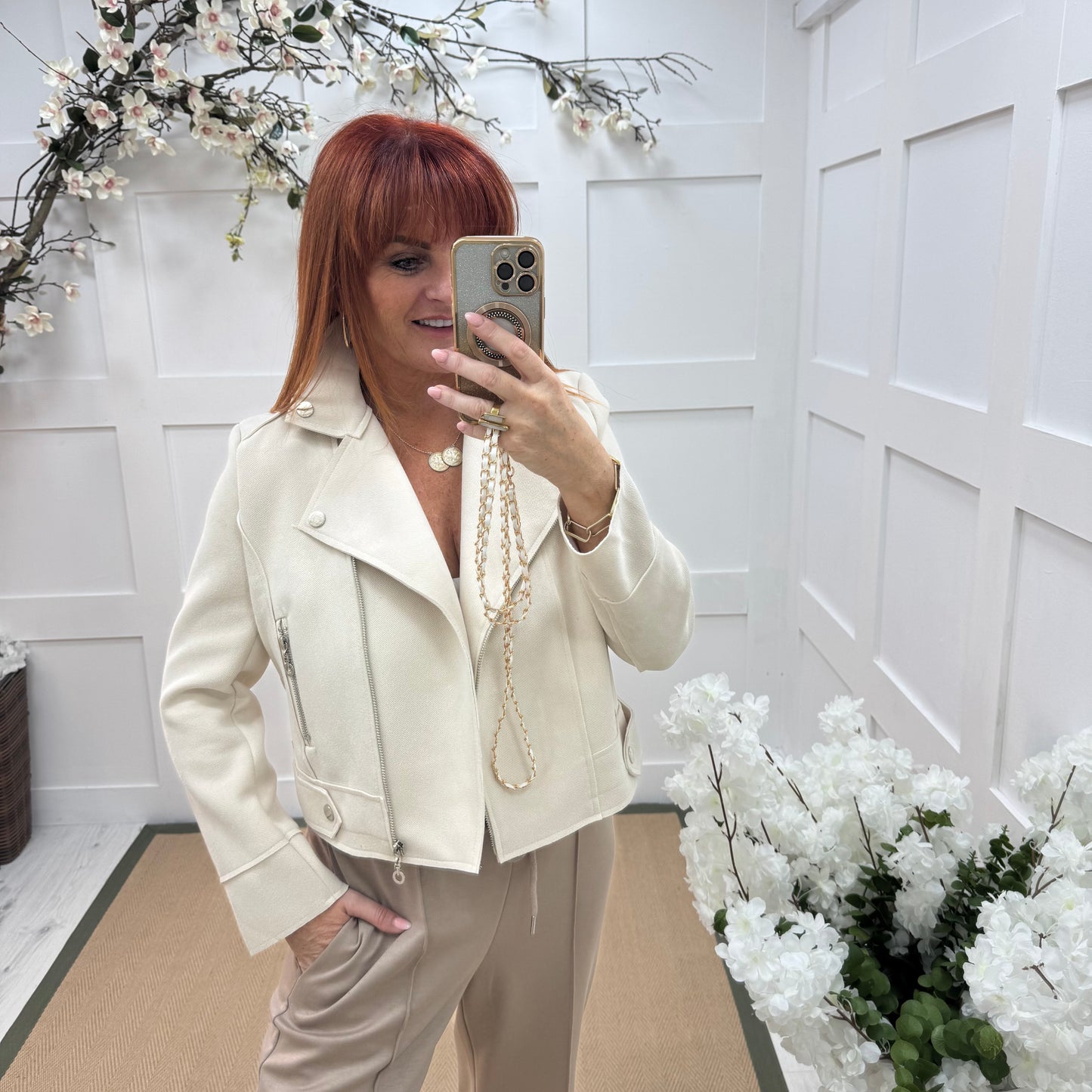 Dorita: Cream soft feel biker jacket. 3 sizes