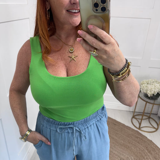 Abigail: Stretchy green basic vest top. 2 sizes