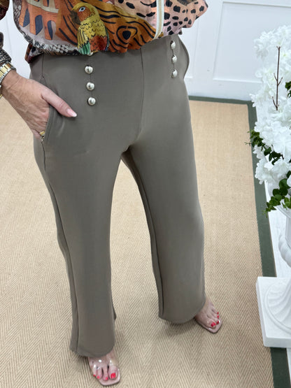 Paris: Taupe stretchy silver button trousers. 4 sizes