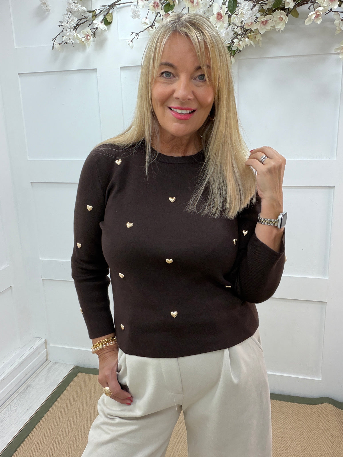 Eleanor: Gold heart detailed long sleeve top. One size: 10-16. 2 colours