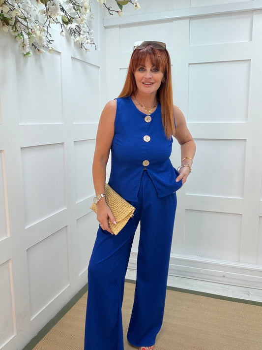 Sian: Buttoned V neck waistcoat & trouser set. One Sz: 10-16. 2 colours