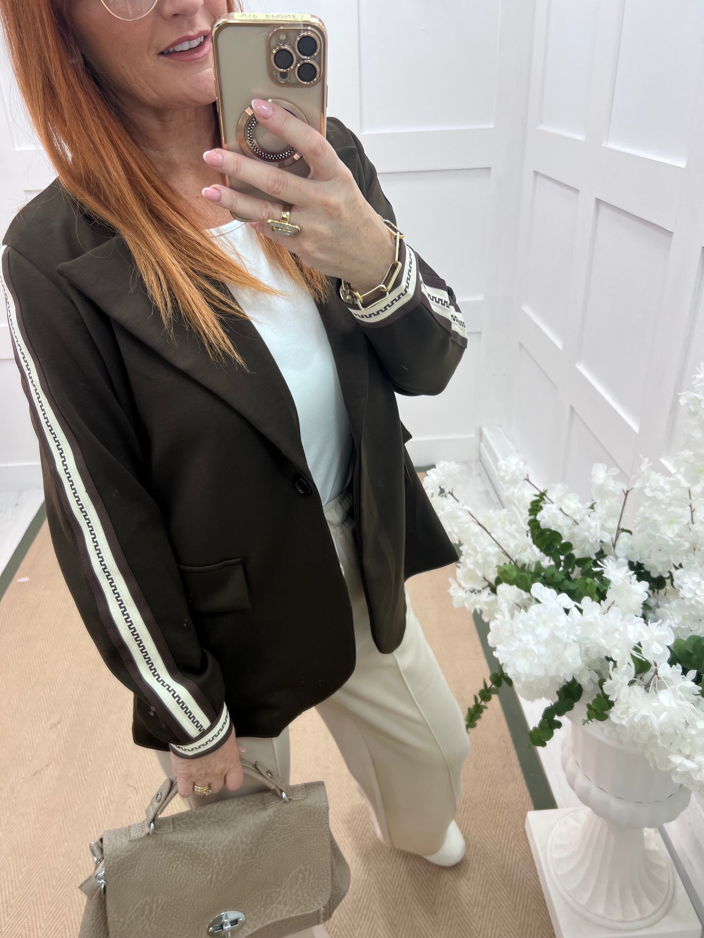 Ines: Brown sports stripe sleeve blazer. One size: 12-16