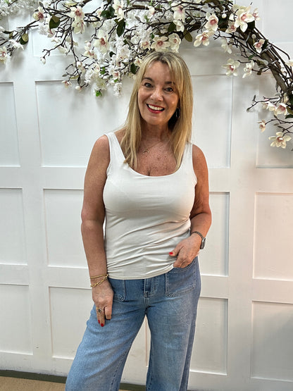 Abigail: Stretchy stone basic vest top. 2 sizes