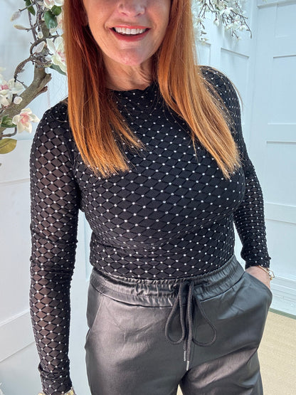 Raye: Black silver glitter mesh bodysuit. 2 sizes