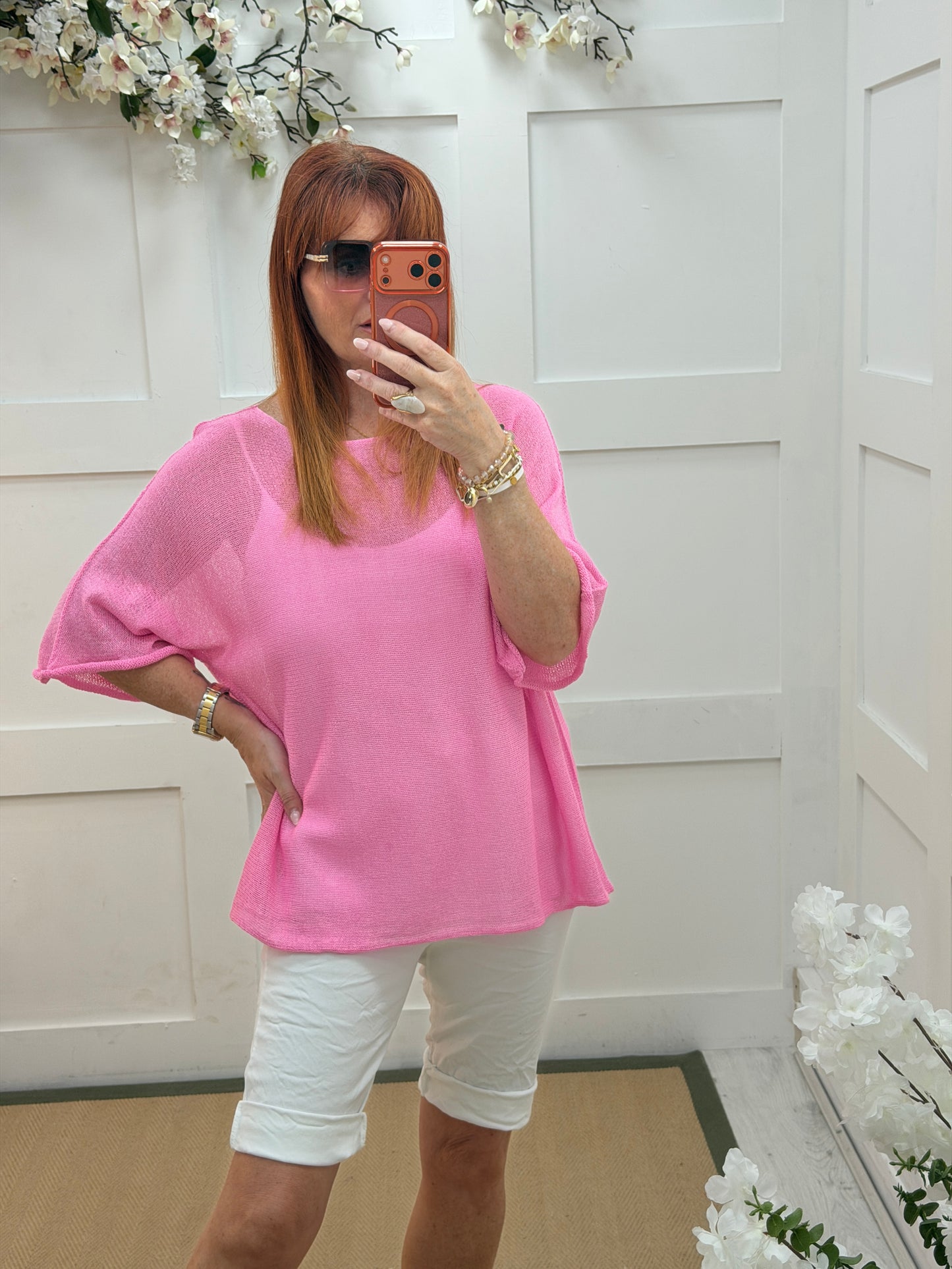Leonie: Light weight fine knit short sleeve top. One size: 12-18. 7 colours