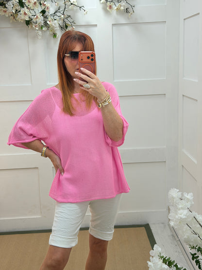 Leonie: Light weight fine knit short sleeve top. One size: 12-18. 7 colours