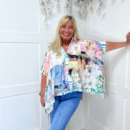 Felicity: Oversized cherub & floral printed blouse. Free size