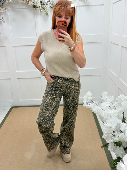 Polly: Leopard print wide leg jeans. Sizes: 8-18
