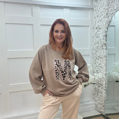 Louisa: Taupe leopard print M logo sweatshirt. One size: 12-18