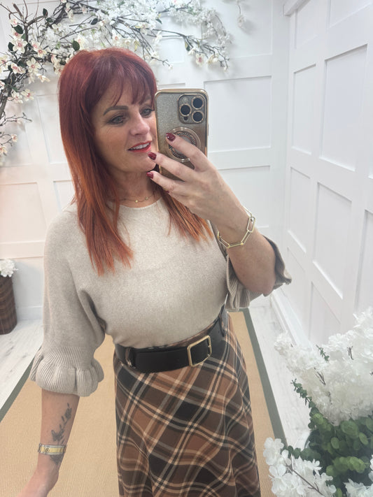 Sierra: Oatmeal batwing fluted sleeve knitted top. One Size 12-18/20