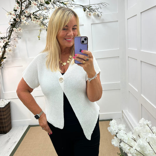Rhoda: White asymmetrical cardigan. One size: 12-18